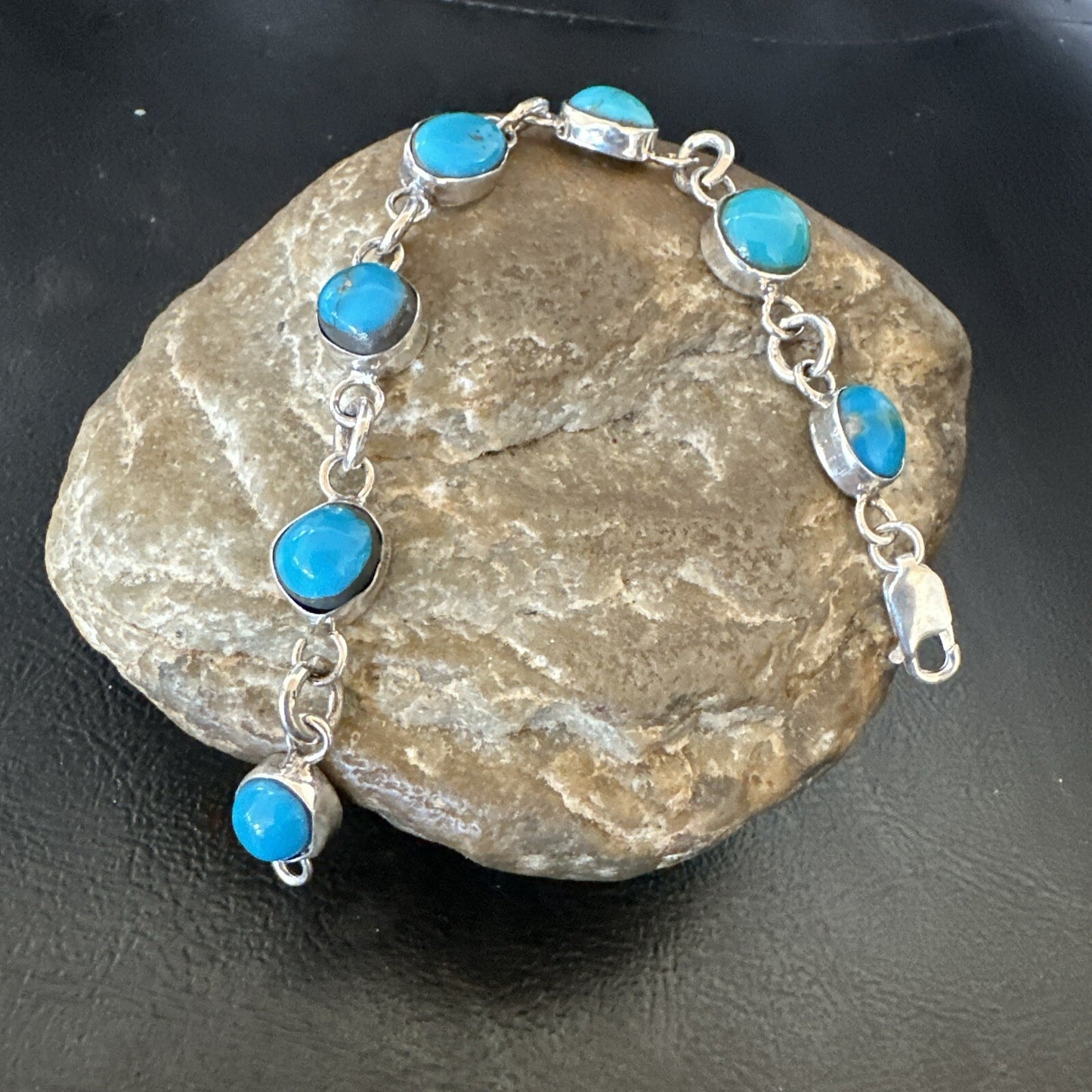 Blue Kingman Turquoise Navajo Sterling Silver Link Bracelet 7” 18299