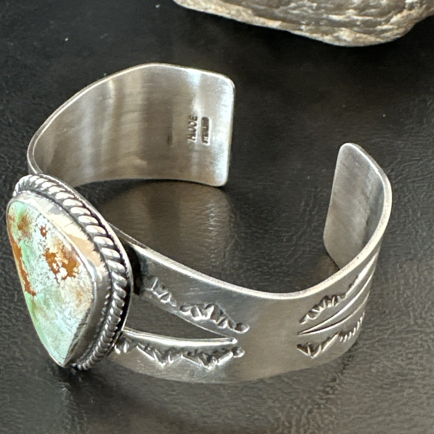 Navajo Green Royston TURQUOISE Stamped Sterling Silver Cuff Bracelet 18874