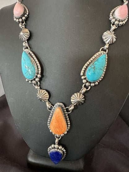 Multicolor Spiny Lapis Pendant Navajo Sterling Silver Lariat Necklace 28" 19439