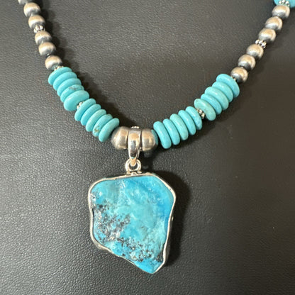 Blue Kingman Turquoise 2 Sided Pendant Navajo Sterling Native Necklace 20" 19516