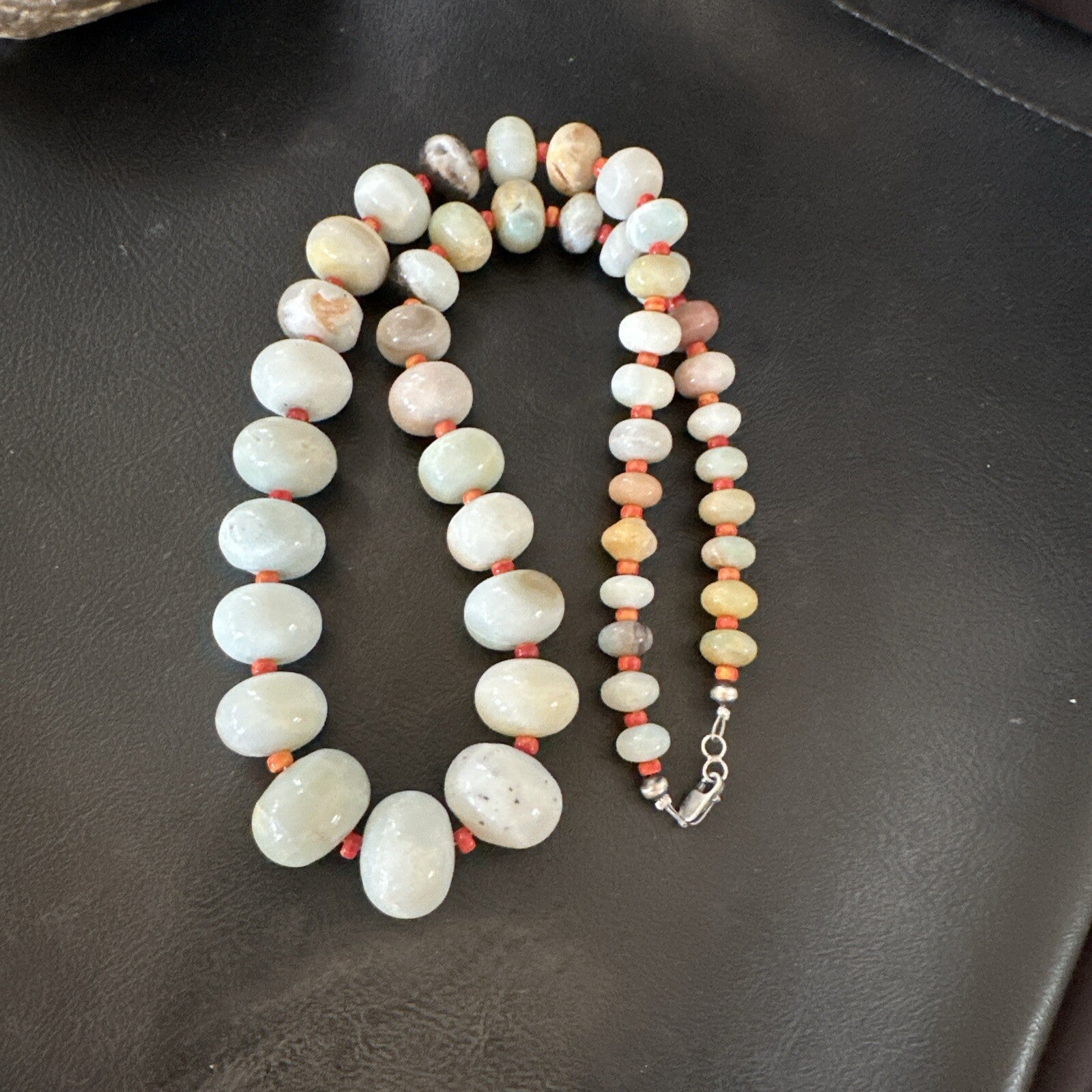 Blue Amazonite Orange Spiny Navajo Sterling Silver Bead Necklace 23” 18074
