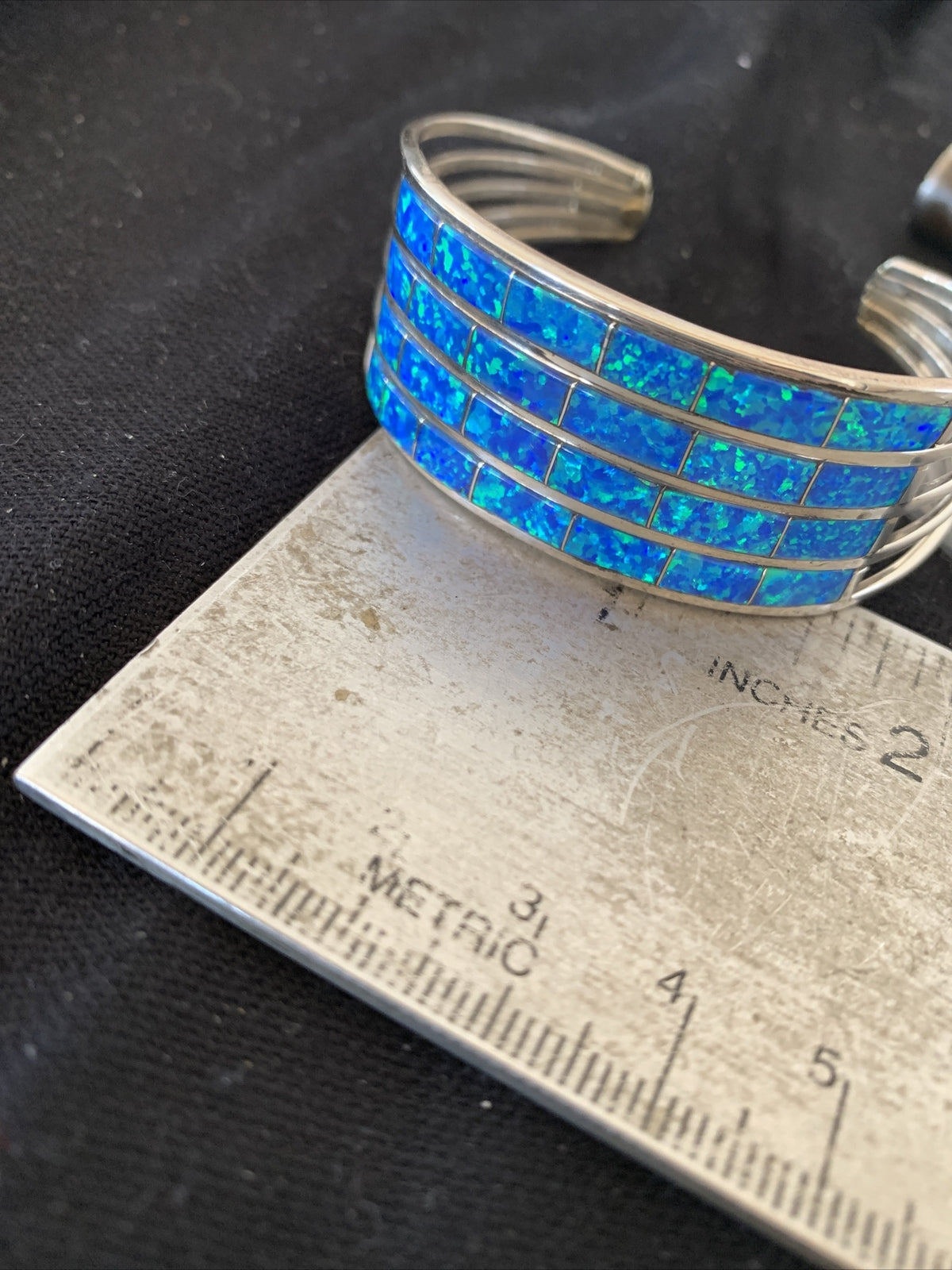 Blue Faux Opal Southwestern Zuni Sterling Silver Cuff Inlay Bracelet 01028
