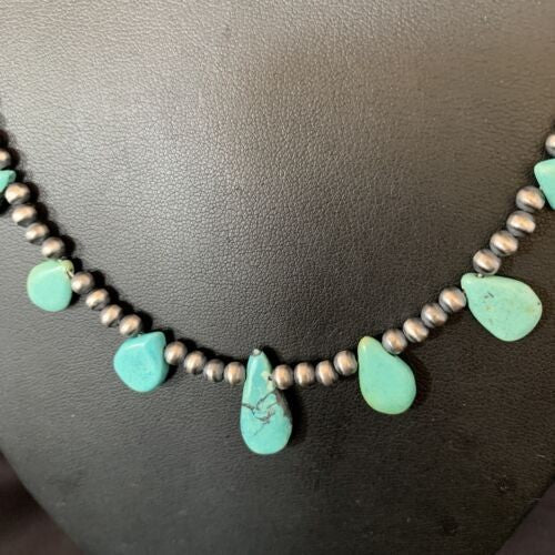Navajo Pearls Necklace Sterling Silver Blue Turquoise Teardrop 13158