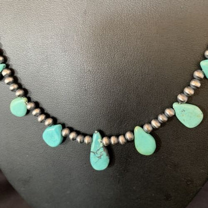 Navajo Pearls Necklace Sterling Silver Blue Turquoise Teardrop 13158