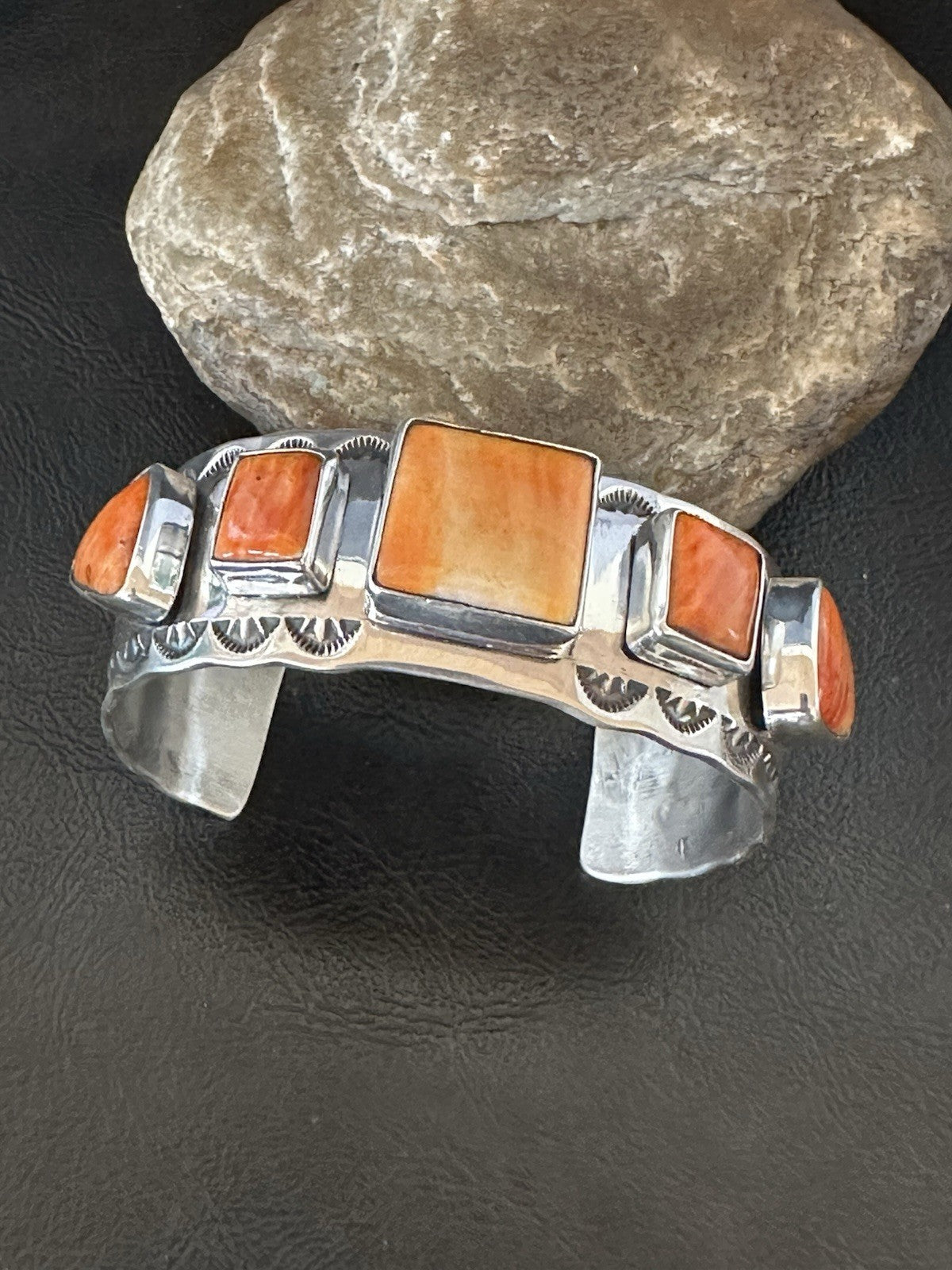 Orange Spiny Oyster 5 Stone Row Sterling Silver Navajo Cuff Bracelet 7.7" 19477