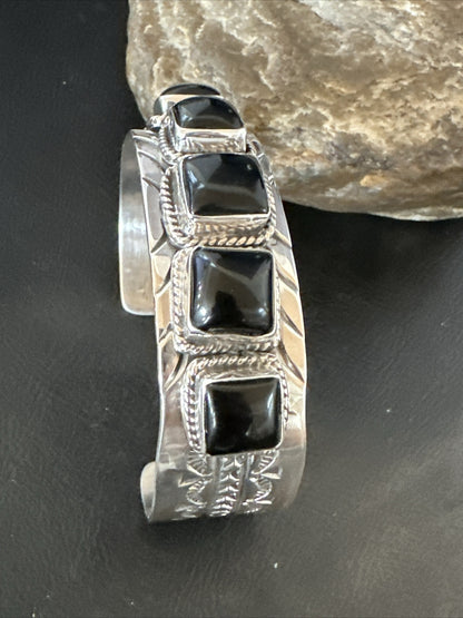 Native Mens Navajo Sterling Silver Black Onyx Cuff Bracelet 5 Stone 18020