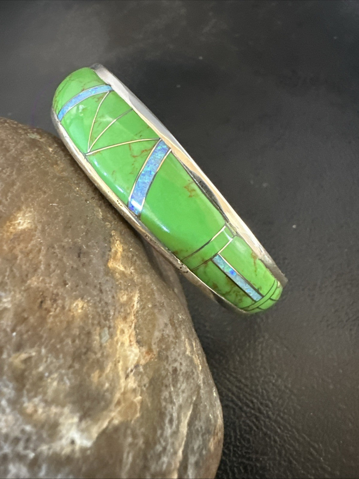 Womens Green Gaspeite Inlay Cuff Bracelet 7.05” Sterling Silver 19153
