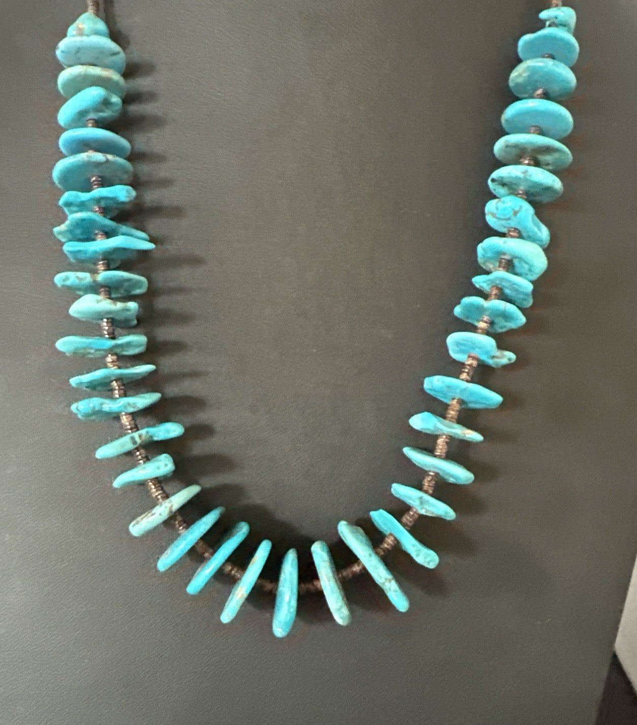 Navajo Kingman Turquoise Shell Heishi Sterling Silver Bead 24” Necklace 19633