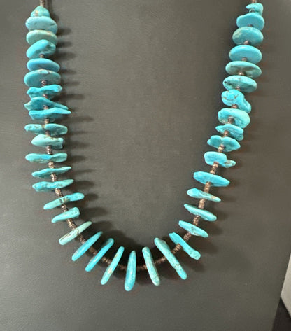 Navajo Kingman Turquoise Shell Heishi Sterling Silver Bead 24” Necklace 19633