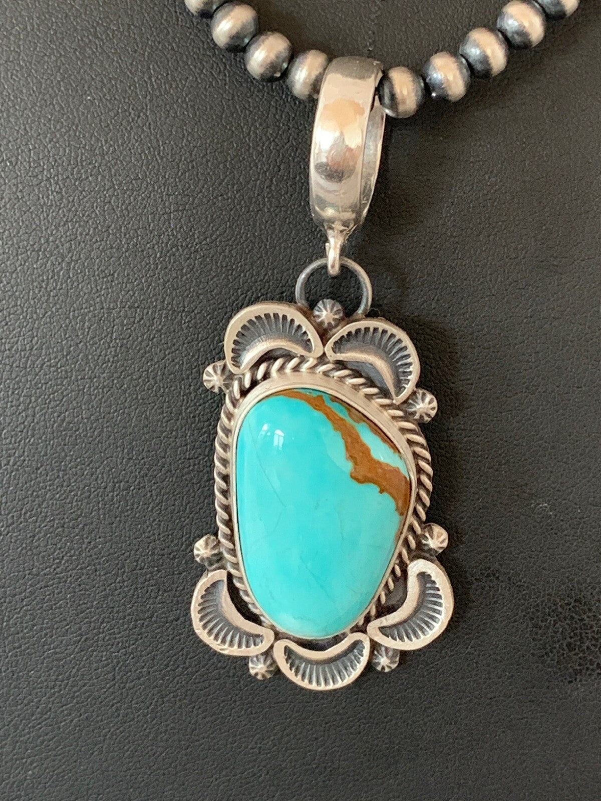Mens Navajo Pearls Sterling Silver Royston Turquoise Necklace Pendant 04306