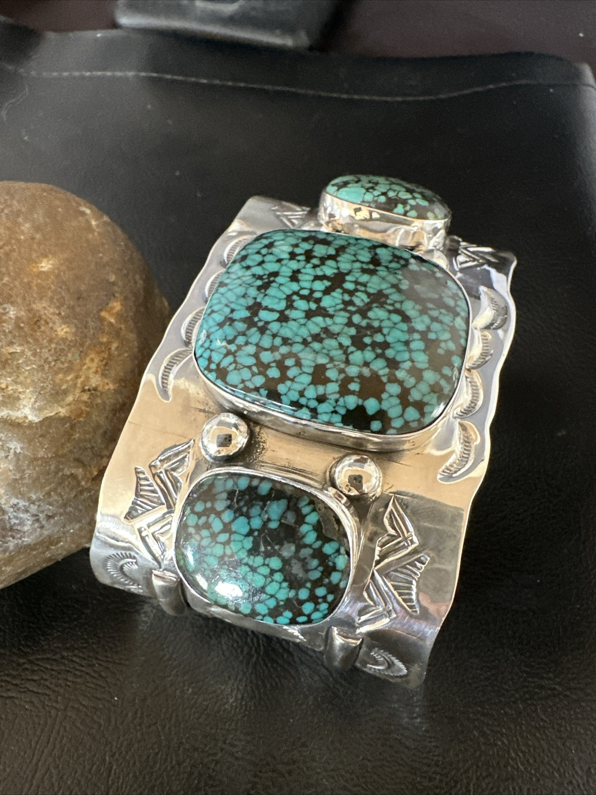 XL Blue Kingman Turquoise 3 Stone Navajo Sterling Silver Cuff Bracelet 18022