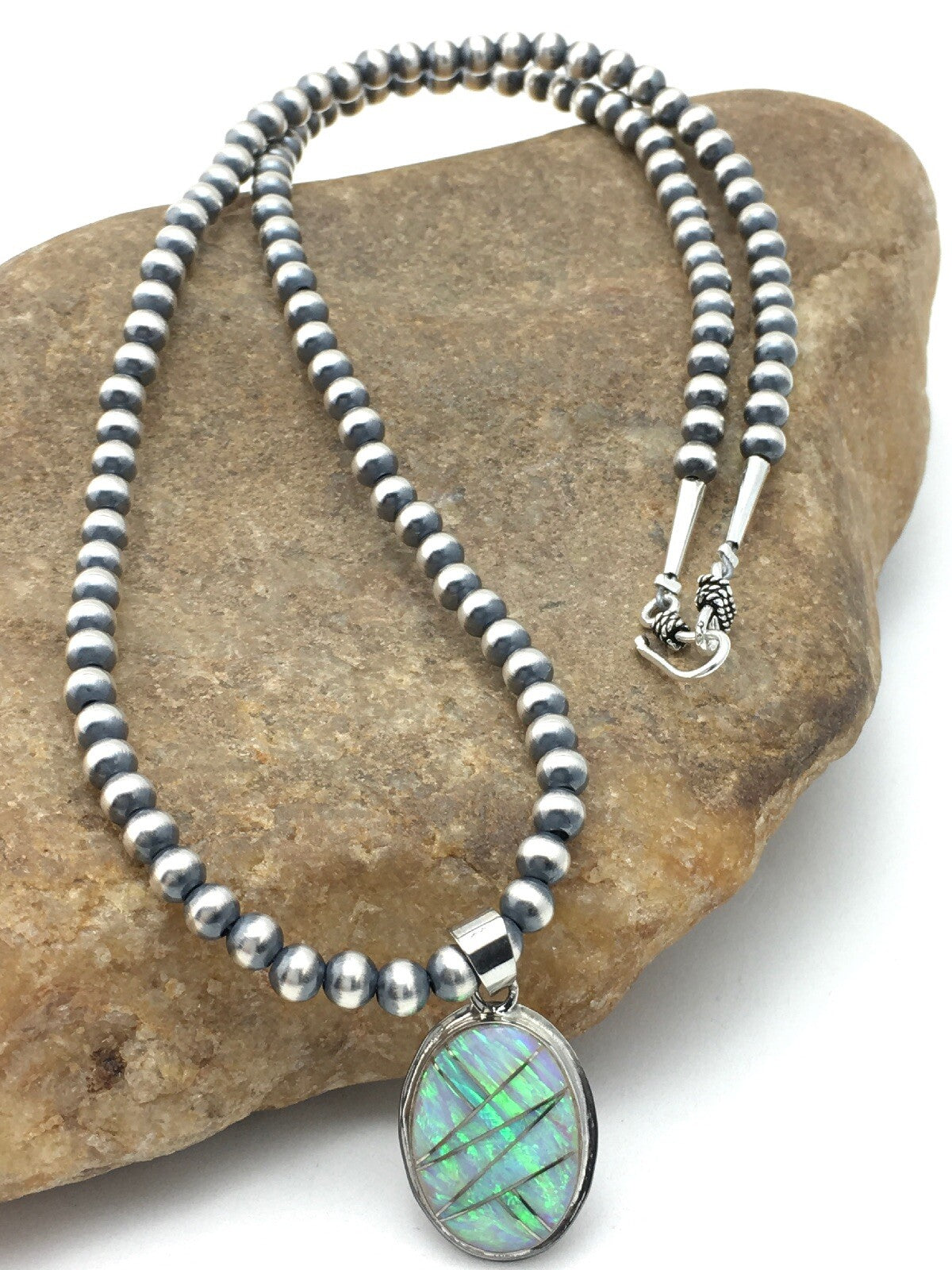 Native Opal Inlay Pendant Navajo Pearls Sterling Silver Necklace 4400