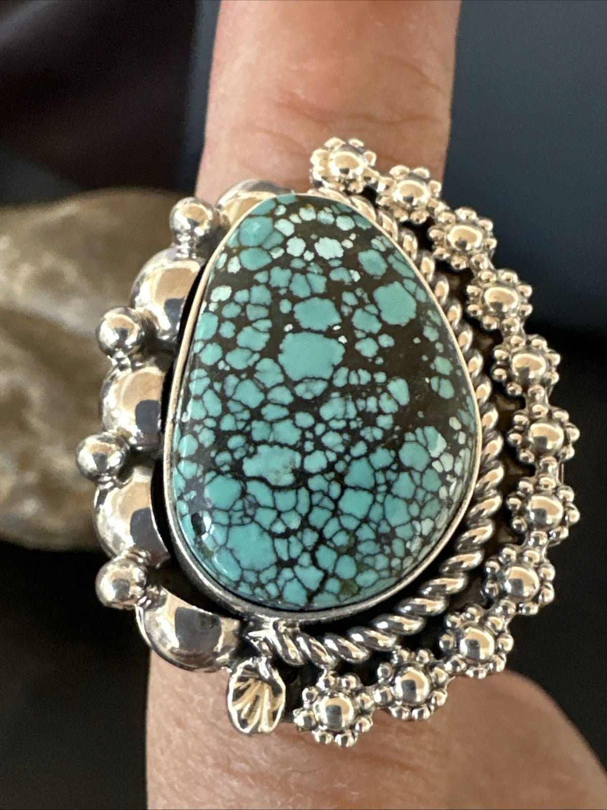 Navajo Sterling Silver Spiderweb Turquoise Ring Sz 8 19617