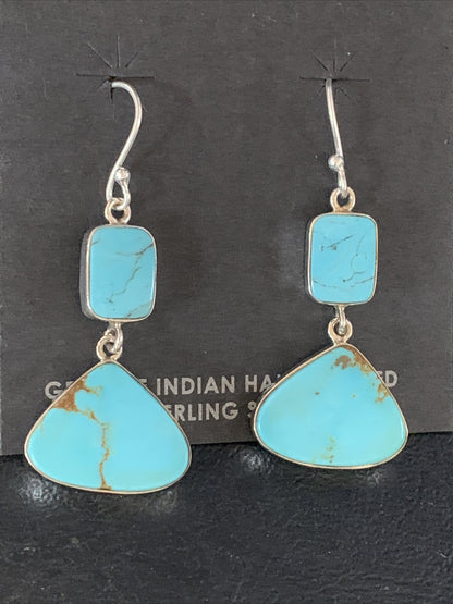 Blue Kingman Turquoise Navajo Sterling Silver Dangle Earrings 1.5" 14076