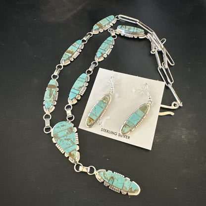 Inlay Blue Turquoise#8 Navajo Sterling Silver Lariat Necklace Earrings 24” 17770