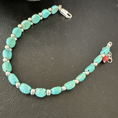 Womens Blue Turquoise Bead Southwestern Sterling Silver Link Bracelet 8" 17976