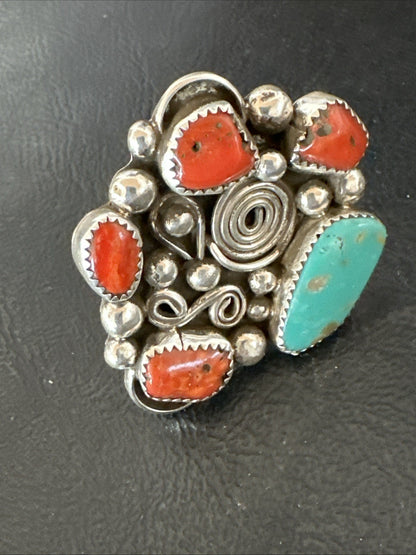 Navajo Blue Turquoise Coral Ring Multi-Stone Cluster Sz 9.5 19778