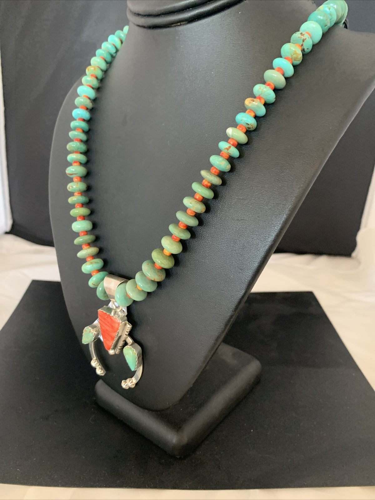 Royston Turquoise & Spiny Oyster Pendant Navajo Sterling Silver Necklace 02042