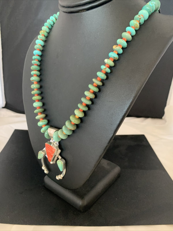 Royston Turquoise Spiny Oyster Pendant Navajo Necklace | Sterling Silver | Authentic Native American Handmade | 02042