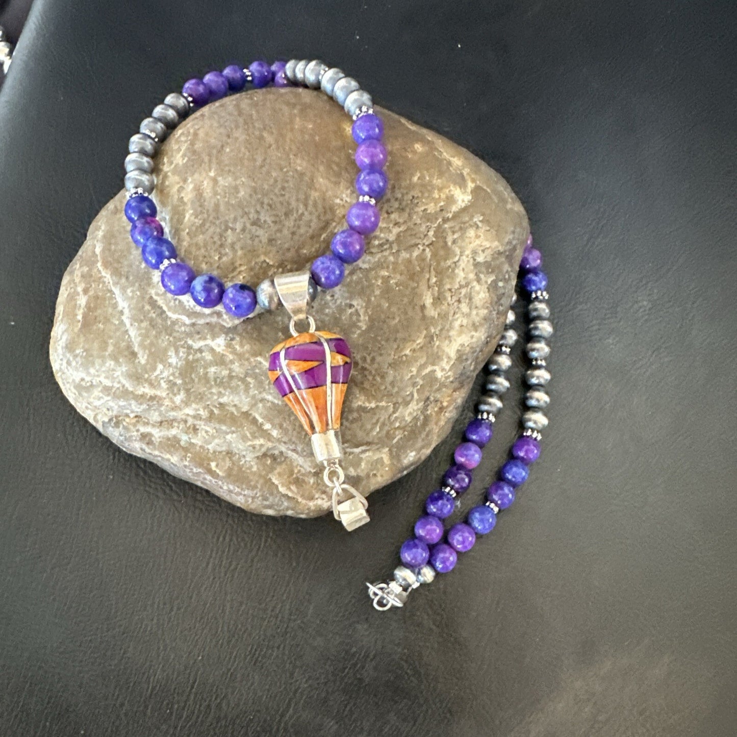 Balloon Orange Spiny Purple Pendant Navajo Sterling Silver Necklace 22" 18344