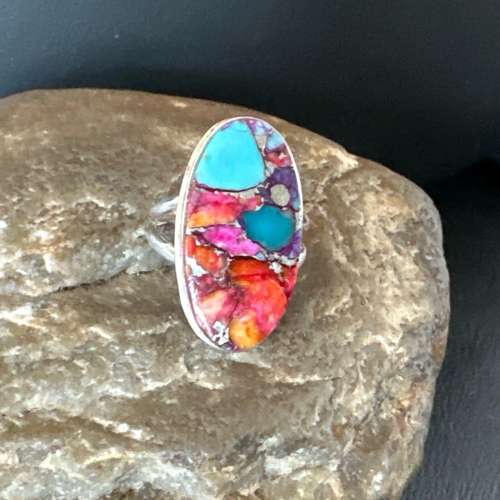Blue Turquoise Spiny Oyster Navajo Sterling Silver Ring Size 7 18215