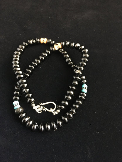 Black Onyx & Turquoise Navajo Sterling Silver Necklace 18" 10022