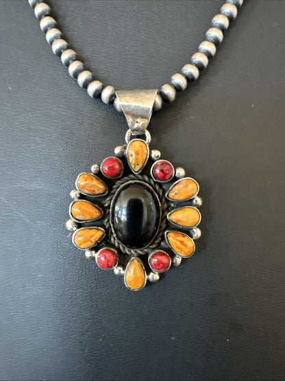Onyx Coral Orange Spiny Navajo Sterling Silver Cluster Pendant Necklace 19566