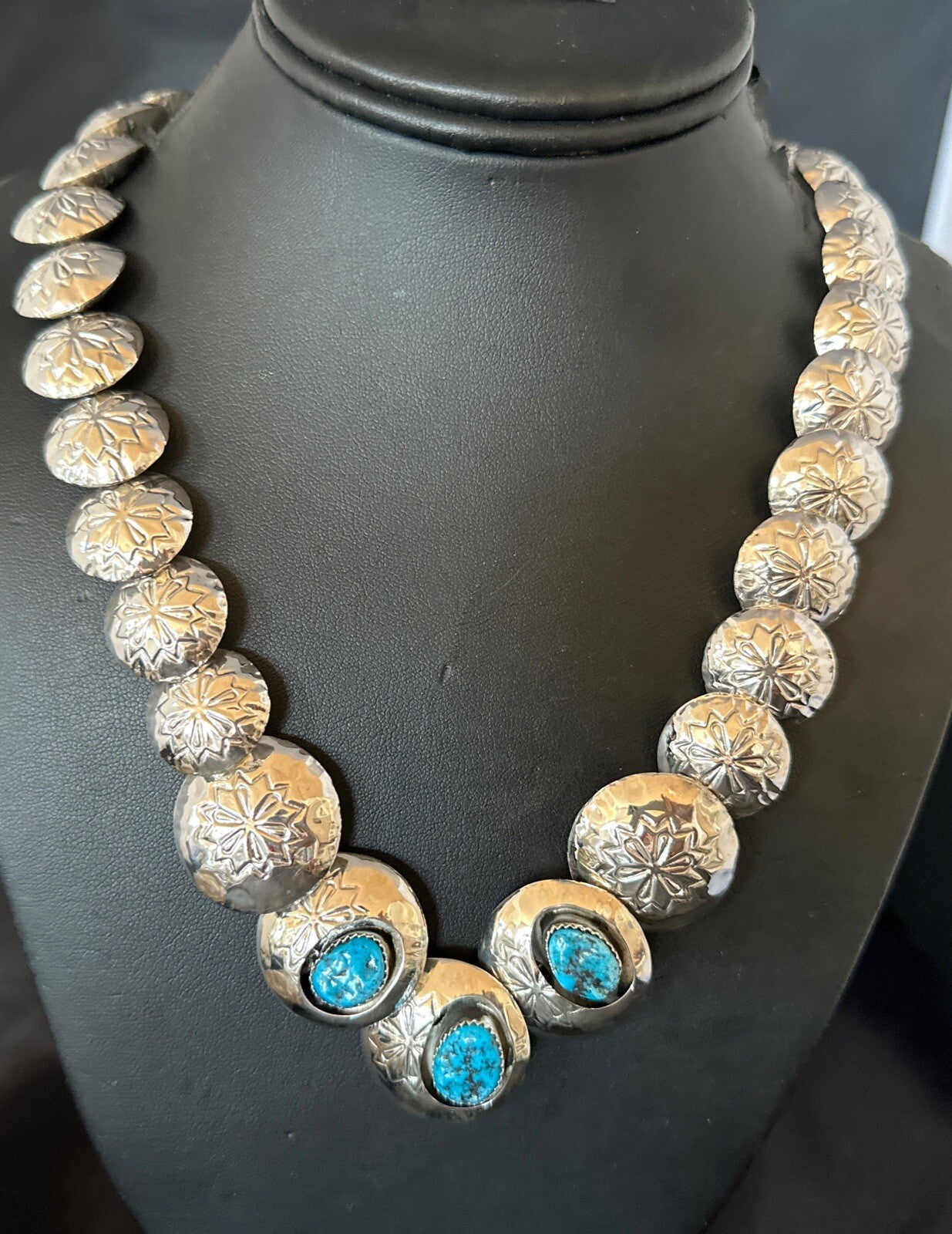 Kingman Turquoise Pillow Bead Navajo Sterling Silver Necklace Earrings 24" 17768