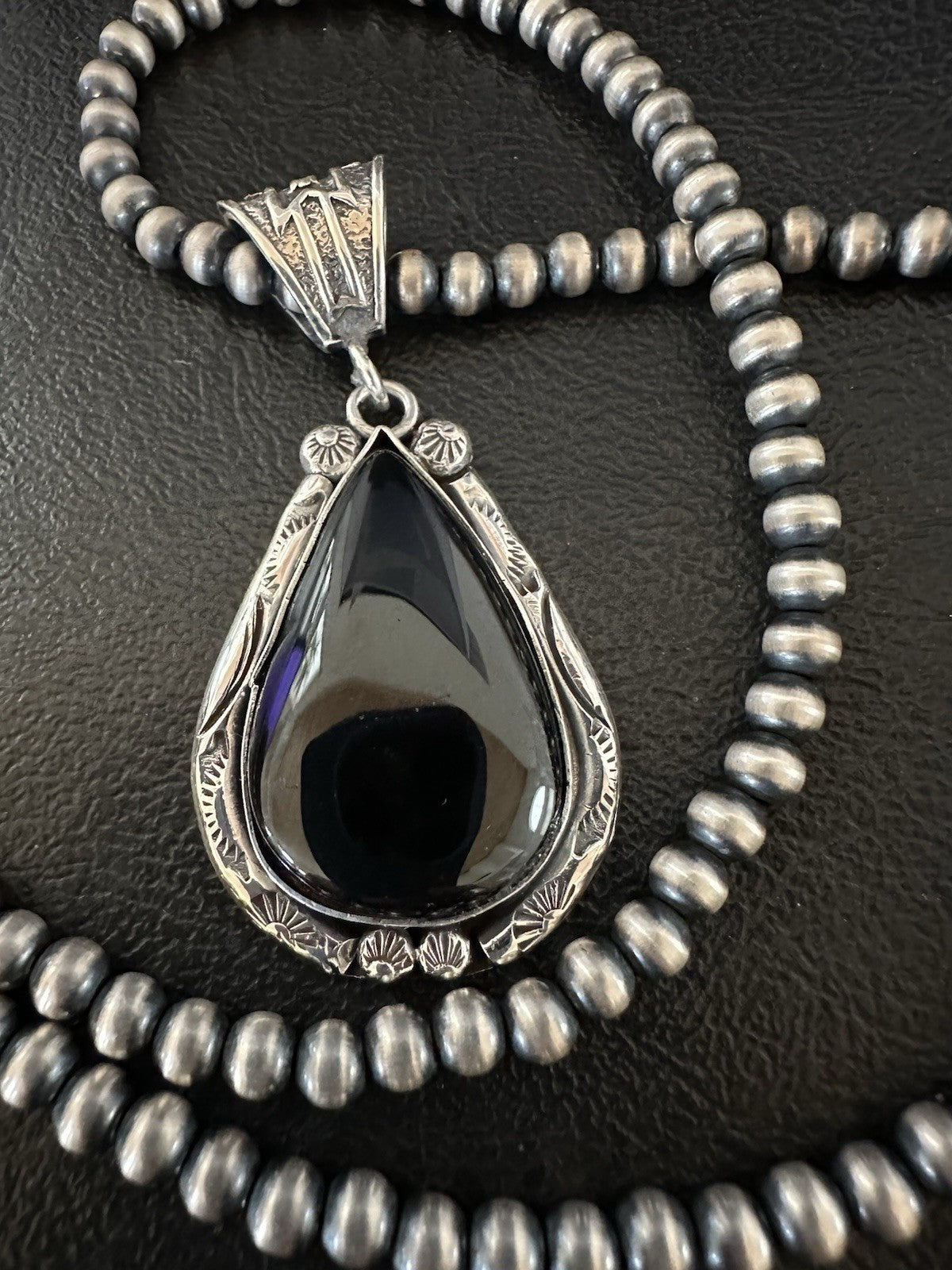 Black Onyx Pendant Navajo Pearls Sterling Silver Necklace 19386