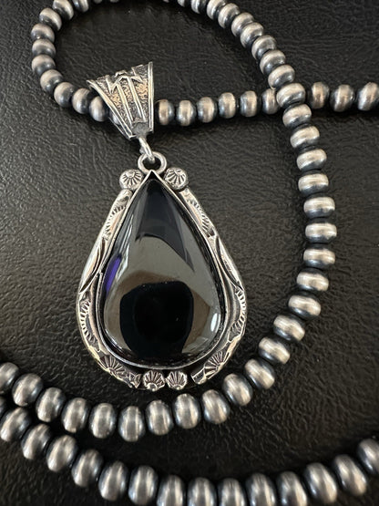 Black Onyx Pendant Navajo Pearls Sterling Silver Necklace 19386