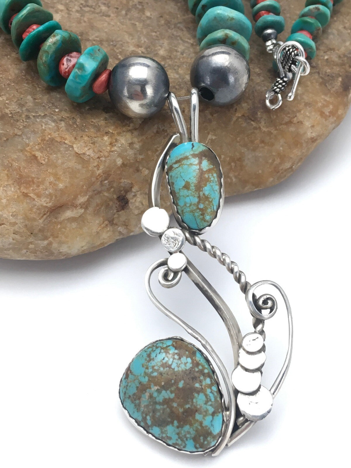 Turquoise #8 & Spiny Oyster Pendant Navajo Sterling Silver Necklace 22" 02635