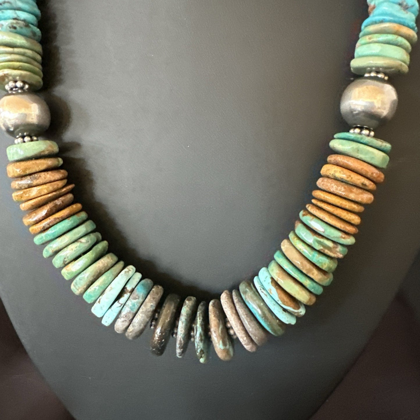Blue Green Turquoise Navajo Sterling Silver Beads Necklace 20” 19176