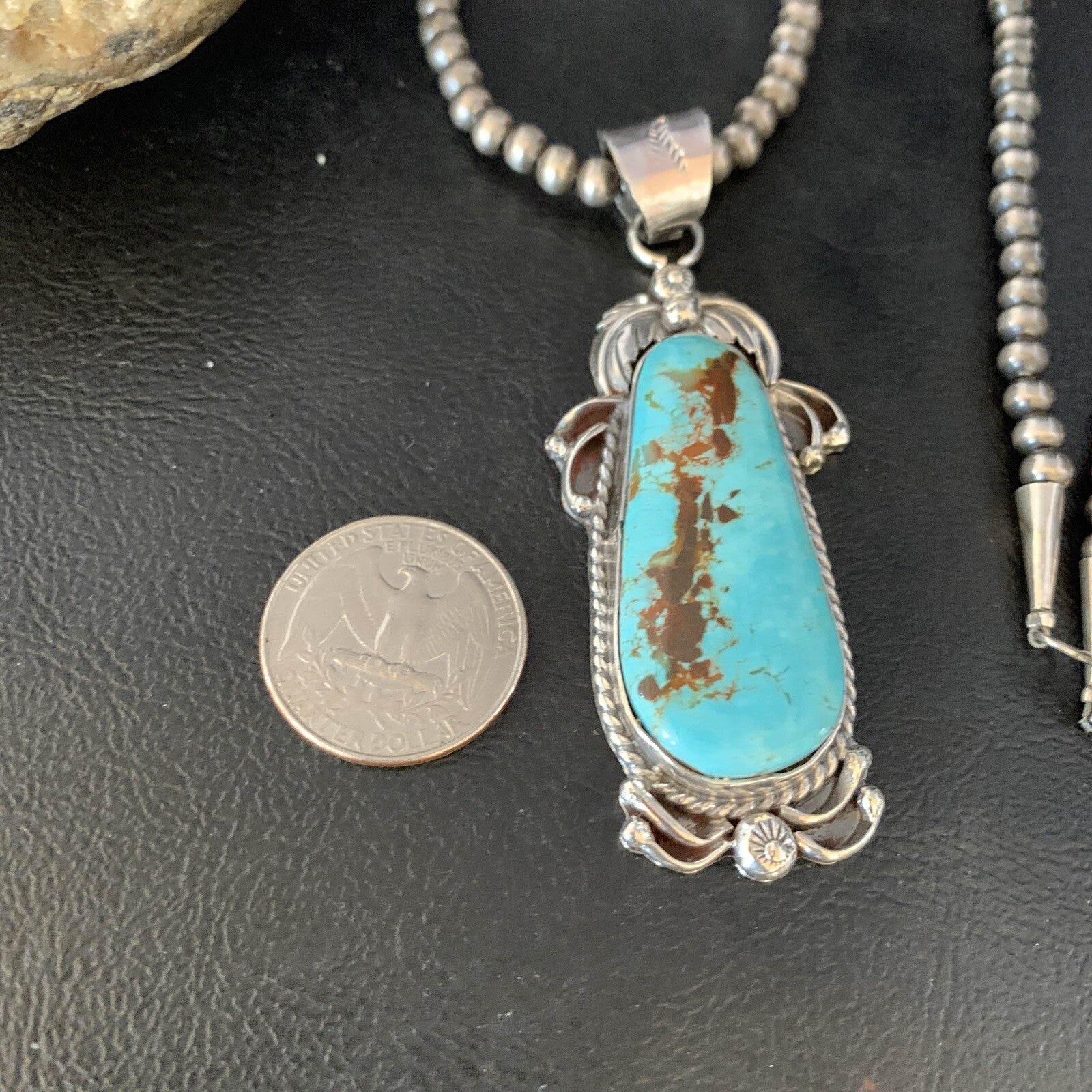 Men Blue Kingman Turquoise Pendant Navajo Pearls Sterling Silver Necklace 14204N