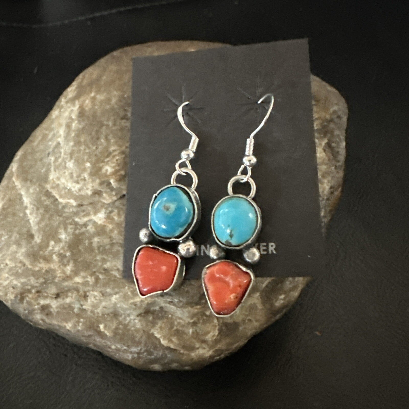 Blue Turquoise Red Coral Sterling Silver Navajo Dangle Earrings 18843