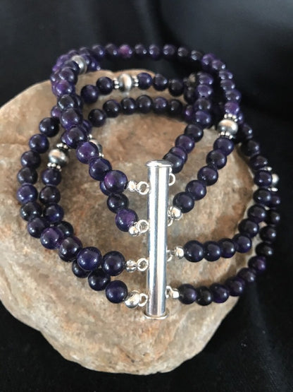 Purple Stone 4 Strands Navajo Indian Sterling Silver Bead Bracelet 10707