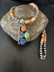Orange Spiny Oyster Navajo Pearls Necklace Pendant | Sterling Silver | Authentic Native American Handmade | 19379