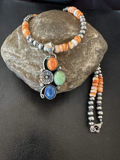 Orange Spiny Oyster Navajo Pearls Sterling Silver Necklace Pendant 19379