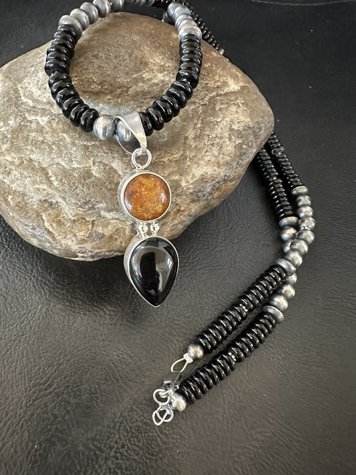 Mens Womens Black Onyx Amber Pendant Navajo Sterling Silver Necklace 18335