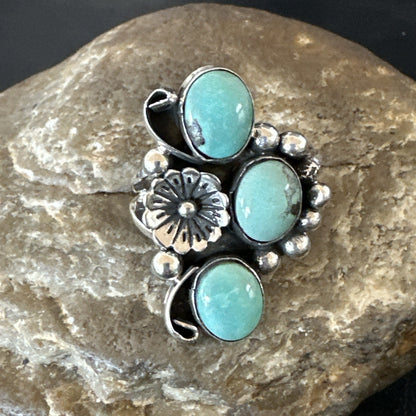 Yazzie Ring Green Turquoise Navajo Sterling Silver Cluster Size7.5 19203
