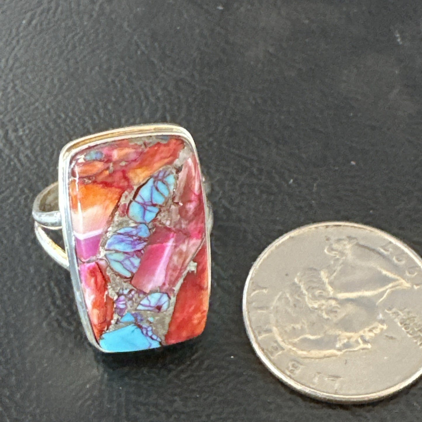 Blue Turquoise Spiny Oyster Southwestern Sterling Silver Ring Size 9 19060
