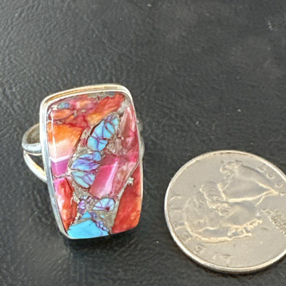 Blue Turquoise Spiny Oyster Southwestern Sterling Silver Ring Size 9 19060