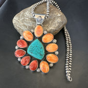 XL Turquoise Orange Spiny Cluster Pendant Navajo Necklace | Sterling Silver | Authentic Native American Handmade | 18400