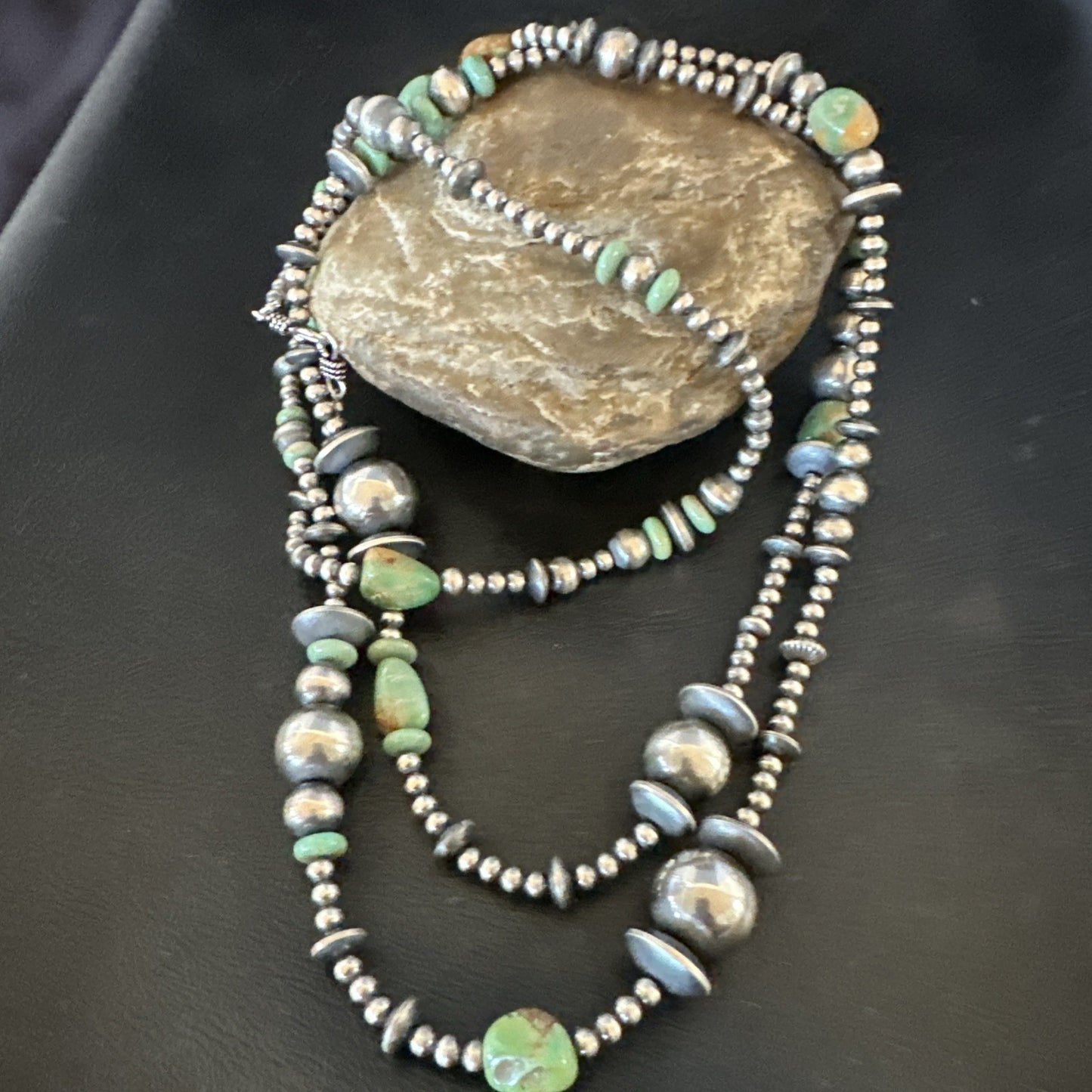 Native Navajo Sterling Silver Beads Green Royston Turquoise 48in Necklace 19116