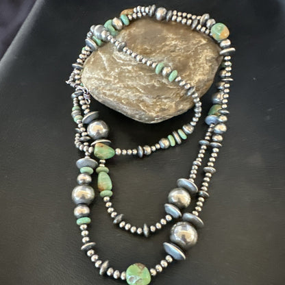 Native Navajo Sterling Silver Beads Green Royston Turquoise 48in Necklace 19116