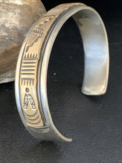 Mens Navajo Handmade Stamped Sterling Silver 12K Gold Cuff Bracelet 19032