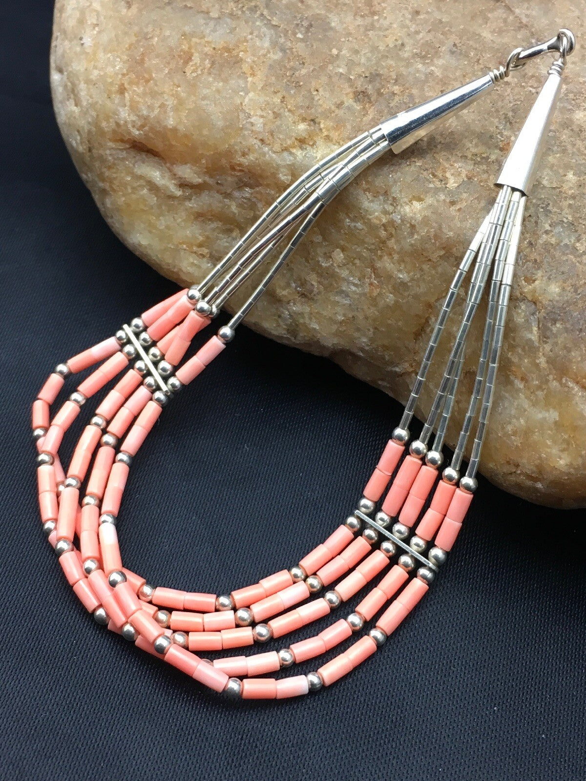 Native Pink Coral 5 Strand Heishi Liquid Sterling Silver Bracelet 7" 4345