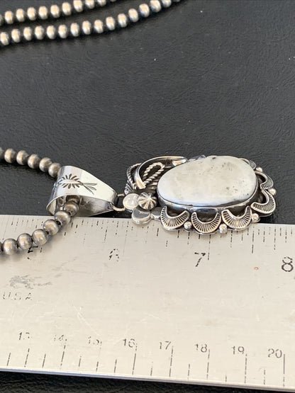 White Buffalo Turquoise Pendant Navajo Pearls Sterling Silver Necklace 10945
