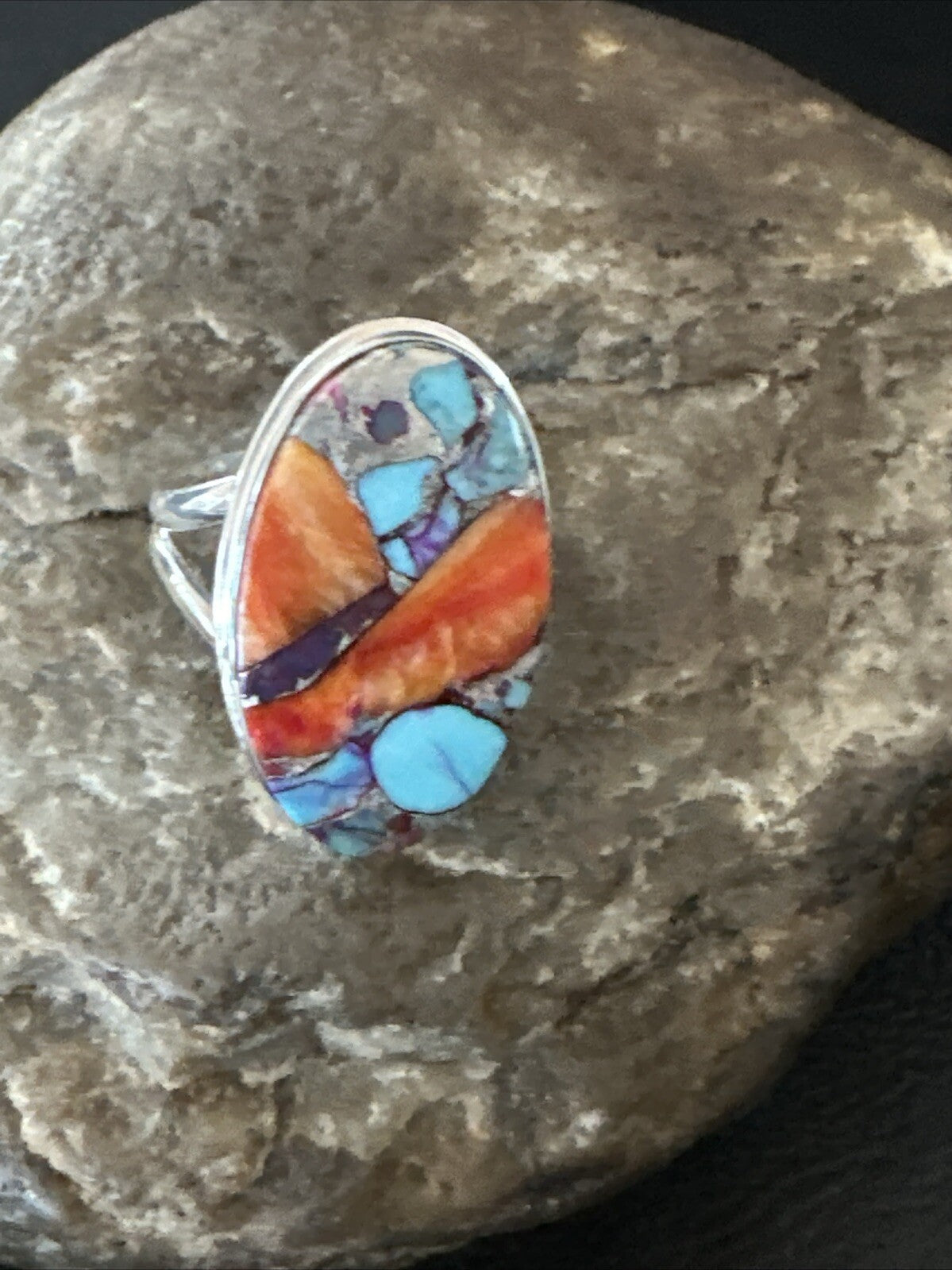 Blue Turquoise Spiny Oyster Southwestern Sterling Silver Ring Size 8 18436