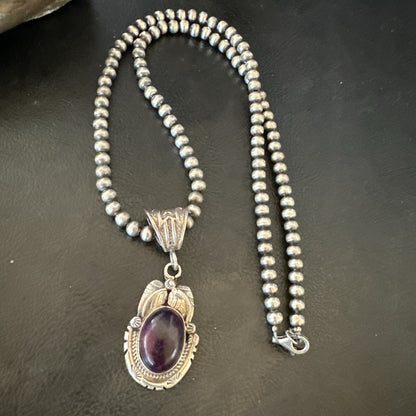 Purple Stone Pendant Navajo Pearls Sterling Silver Necklace 20” 18404
