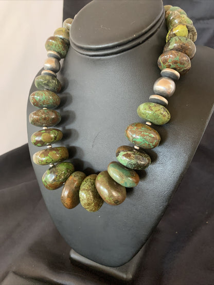 Green Natural Turquoise Chunky Graduated Navajo Sterling Silver Necklace 11765